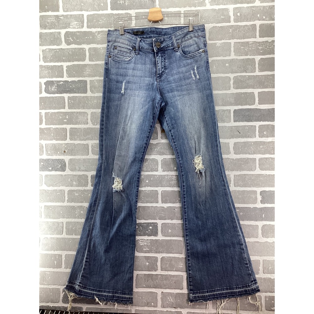 KUT from the Kloth Elena Super Flare Distressed Jeans Blue Denim Size 10